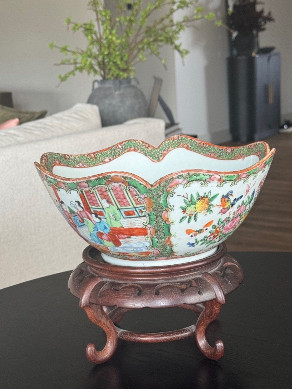 Antique 19th Century Chinese Export Ware Rose Medallion Cut Corner Bowl & Stand